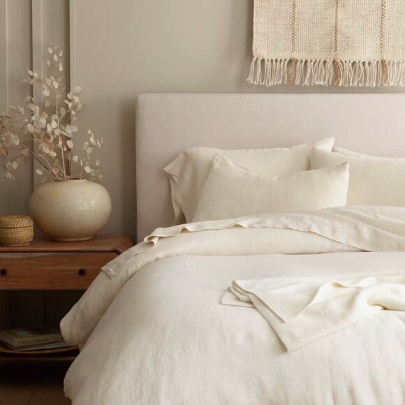 Quince European Linen Duvet Cover Set Natural Mini Pinstripe Size Queen - Picture 12 of 15